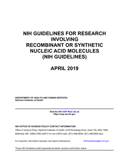 Nih Guidelines for Research Involving Recombinant Or Synthetic Nucleic Acid Molecules (Nih Guidelines)