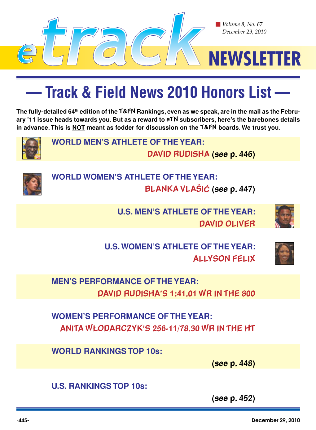 — Track & Field News 2010 Honors List —