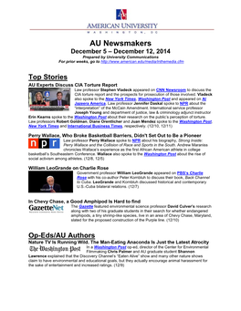AU Newsmakers December 5 – December 12, 2014 Prepared by University Communications for Prior Weeks, Go To