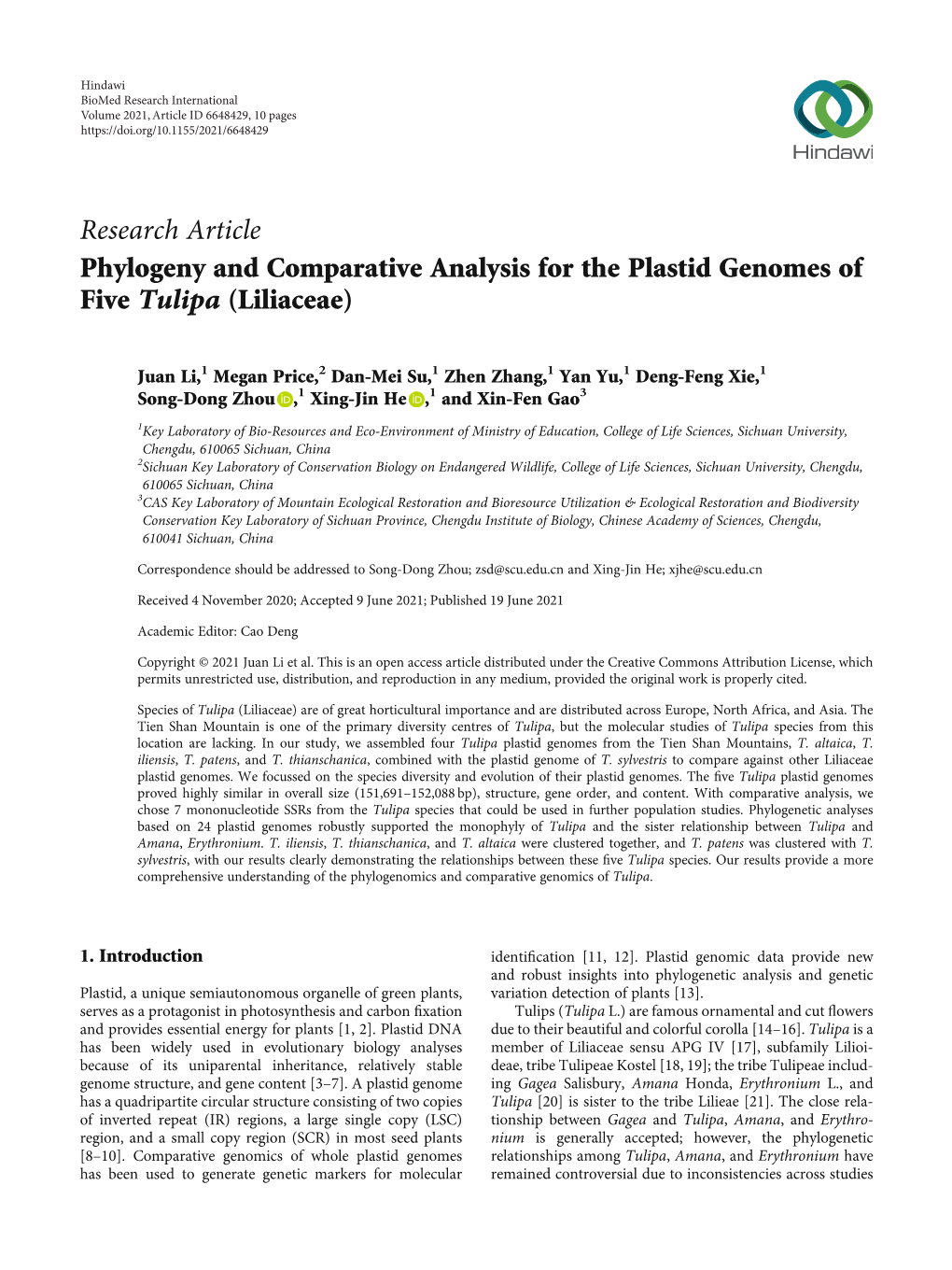 Phylogeny and Comparative Analysis for the Plastid Genomes of Five Tulipa (Liliaceae)