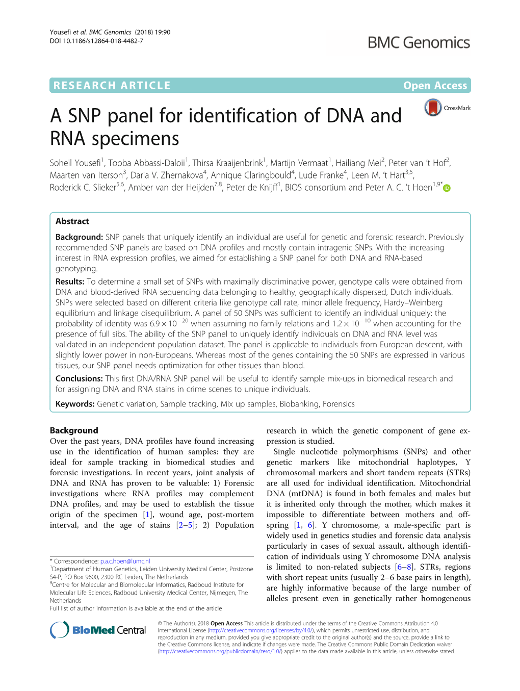 A SNP Panel for Identification of DNA and RNA Specimens