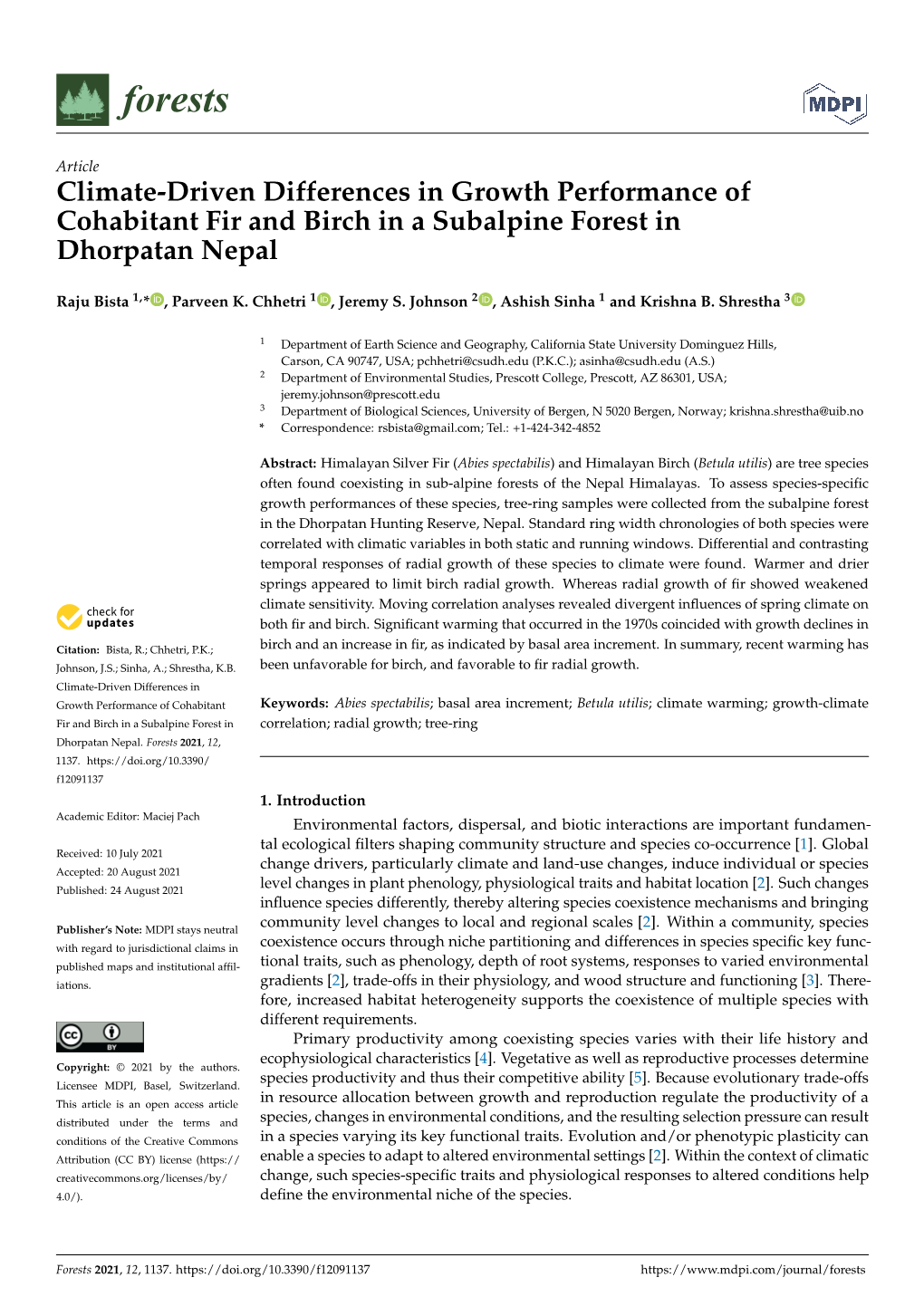 Climate-Driven Differences in Growth Performance of Cohabitant Fir and Birch in a Subalpine Forest in Dhorpatan Nepal