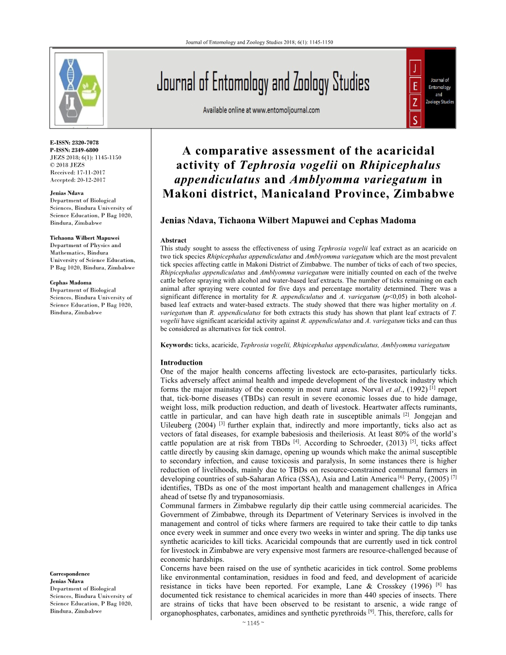 A Comparative Assessment of the Acaricidal Activity of Tephrosia Vogelii on Rhipicephalus Appendiculatus and Amblyomma Variegatu