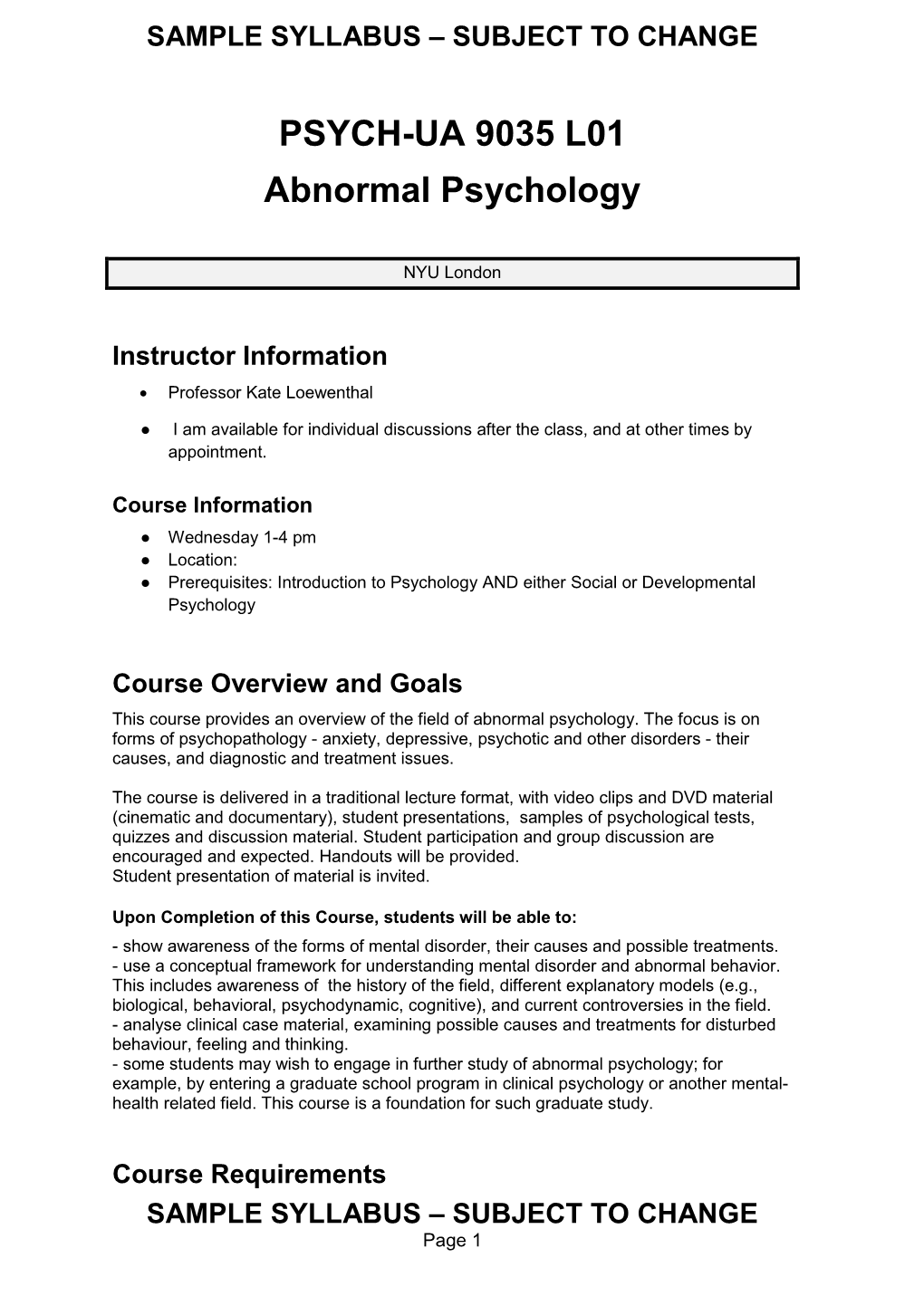 Sample Syllabus – Subject to Change