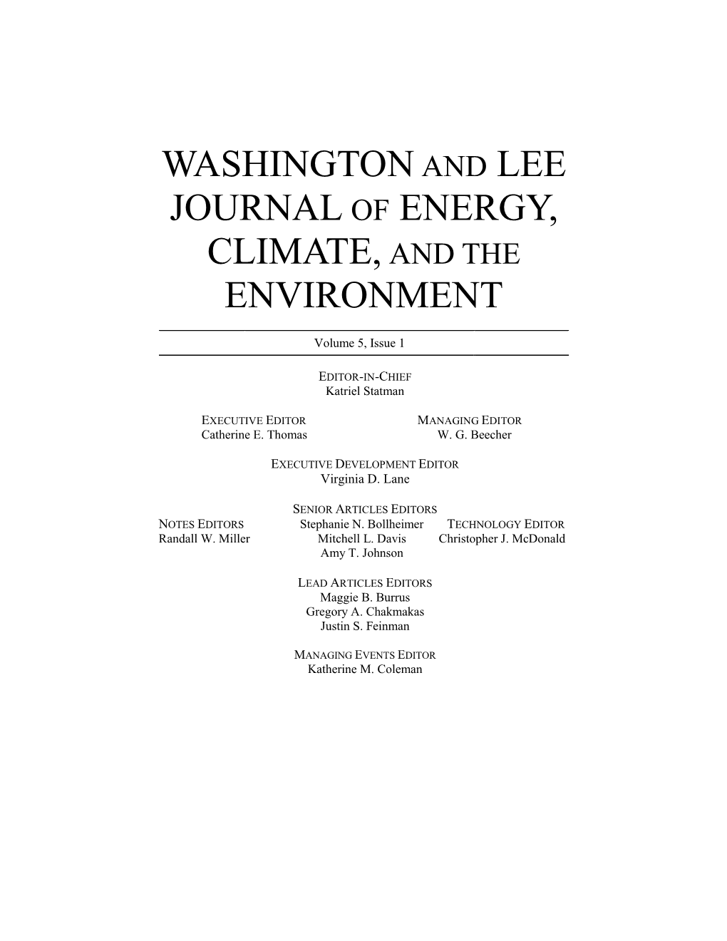 Washington and Lee Journal of Energy, Climate, and the Environment