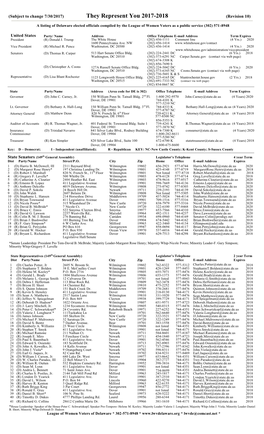 A Listing of Delaware Elected Officials Compiled by the League of Women Voters As a Public Service (302) 571-8948
