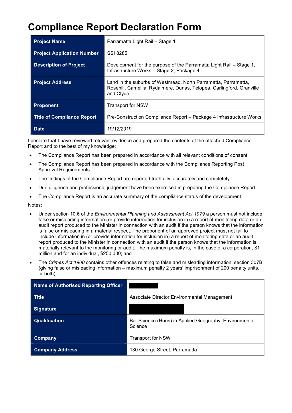 Pre-Construction Compliance Report – Package 4 Infrastructure Works