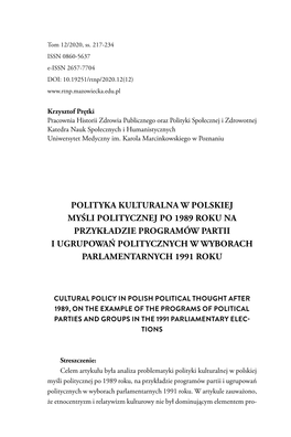 Polityka Kulturalna W Polskiej Myśli Politycznej Po 1989 Roku Na Przykładzie Programów Partii I Ugrupowań Politycznych W Wyborach Parlamentarnych 1991 Roku