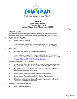 Open Board Meeting Tuesday, May 7, 2019 Yuxwule' Eagle Room (Boardroom) 4:30 PM Page