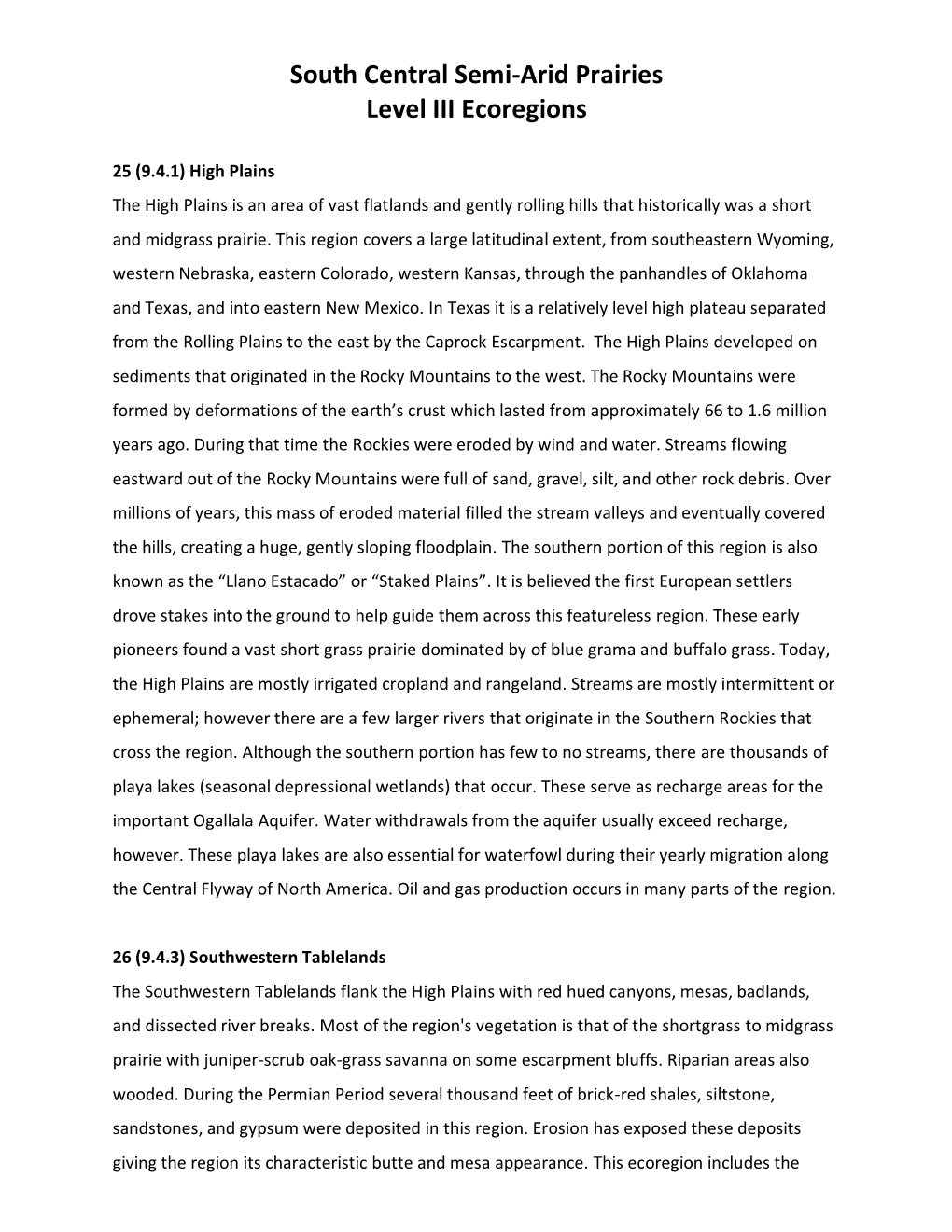 South Central Semi-Arid Prairies Level III Ecoregions