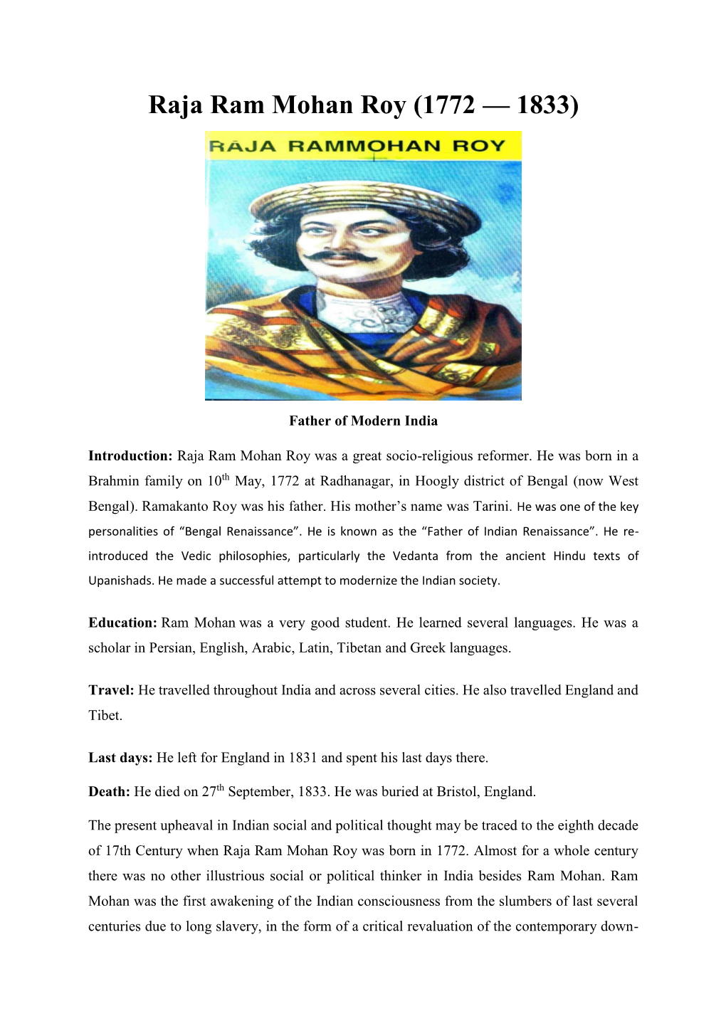 Raja Ram Mohan Roy (1772 — 1833)