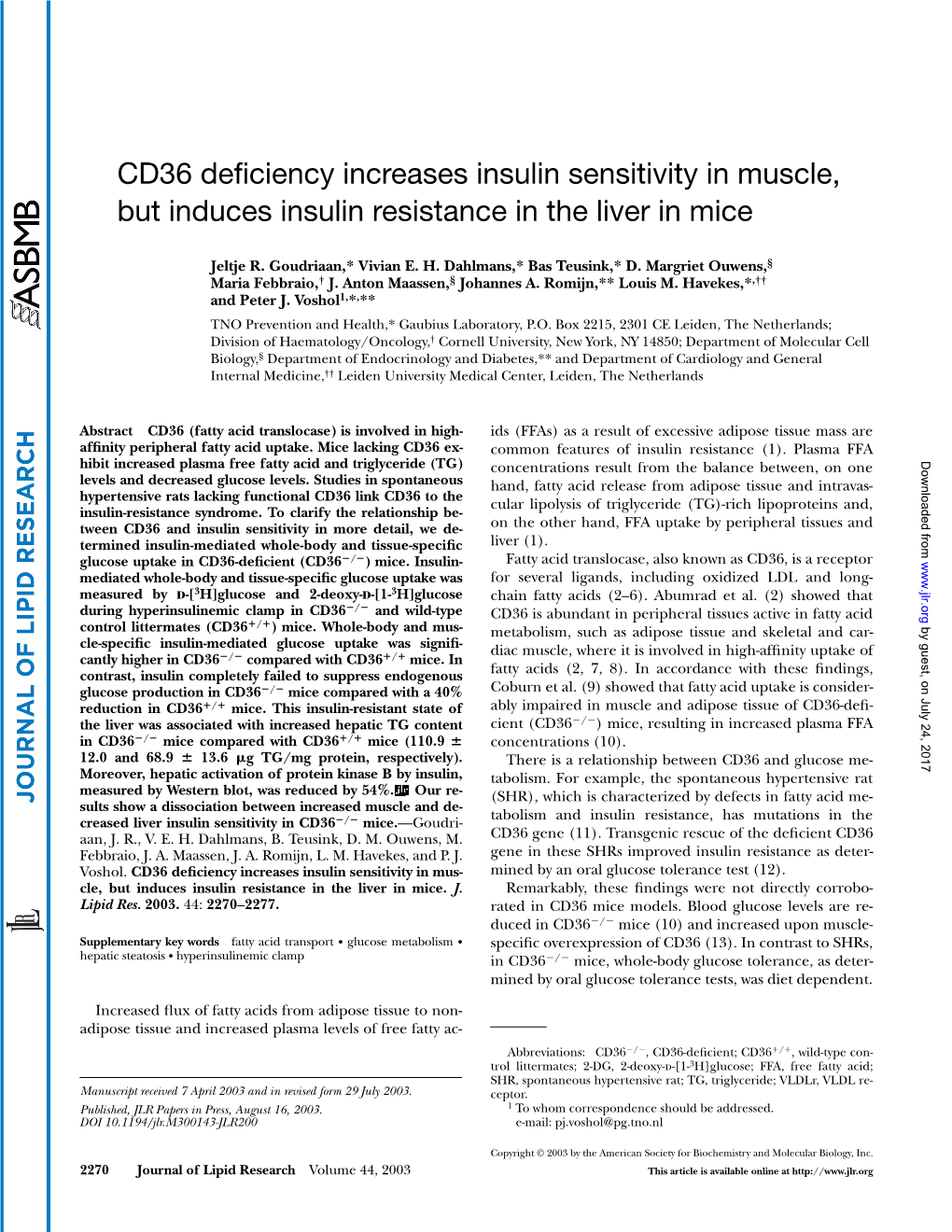 CD36 Deficiency Increases Insulin Sensitivity In