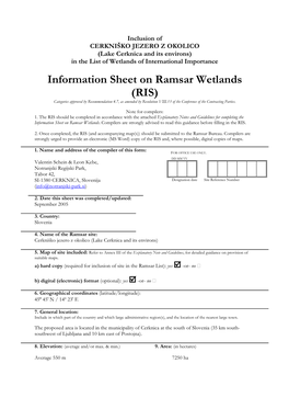 Information Sheet on Ramsar Wetlands (RIS) Categories Approved by Recommendation 4.7, As Amended by Resolution VIII.13 of the Conference of the Contracting Parties
