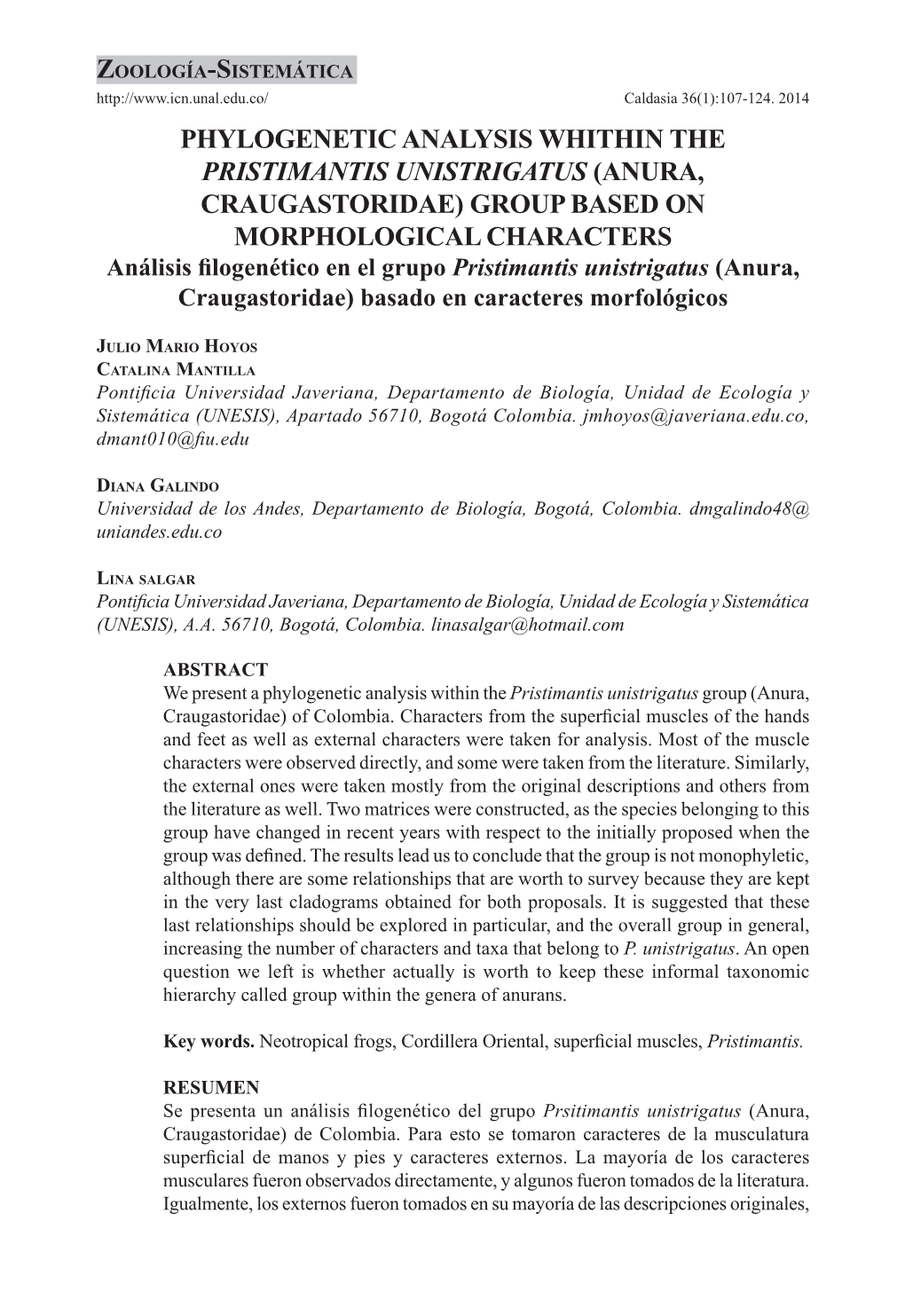 Phylogenetic Analysis Whithin the Pristimantis Unistrigatus (Anura, Craugastoridae) Group Based on Morphological Characters