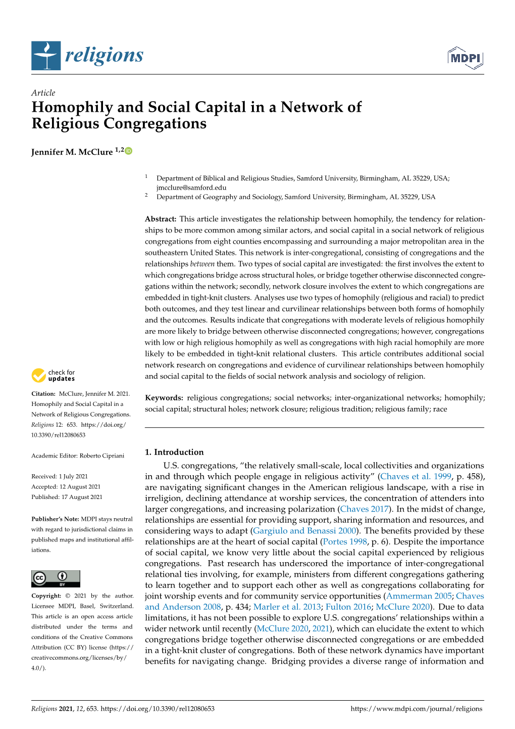 Homophily and Social Capital in a Network of Religious Congregations