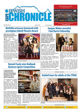 Cape Jewish Chronicle August 2019 CONTENTS VOLUME 33 No 5 JUNE 2016 VOLUME 36 No 7 AUGUST 2019