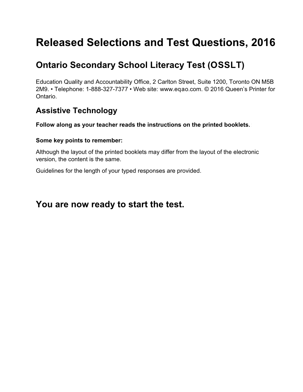 OSSLT, Sample Assessment Booklet: Word Optimized for Premier, 2016