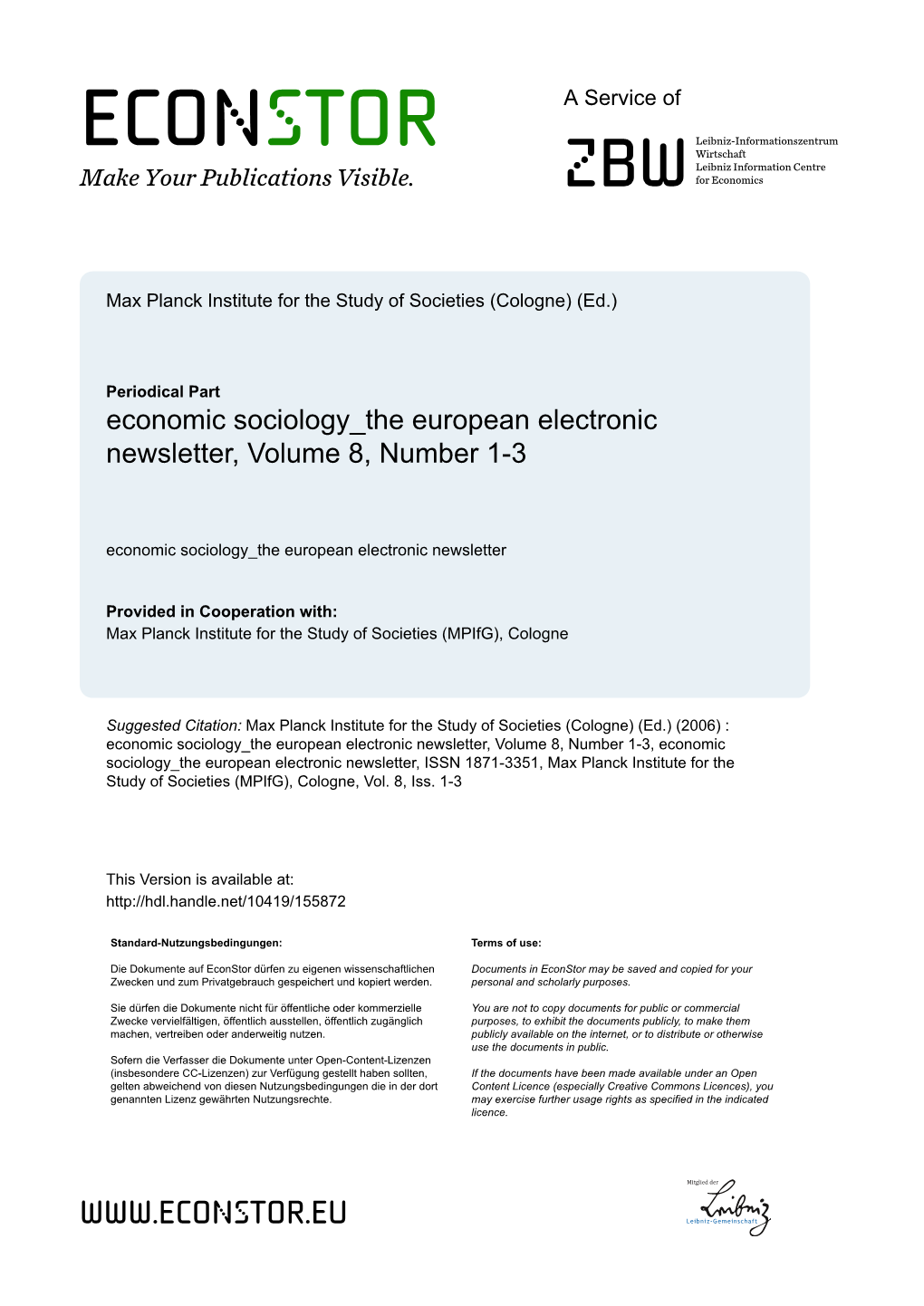 Economic Sociology the European Electronic Newsletter, Volume 8, Number 1-3