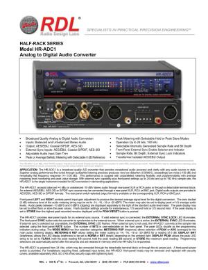 Model HR-ADC1 Analog to Digital Audio Converter