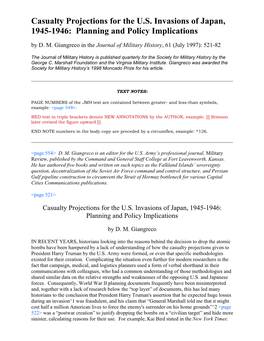 Casualty Projections for the U.S. Invasions of Japan, 1945-1946: Planning and Policy Implications by D
