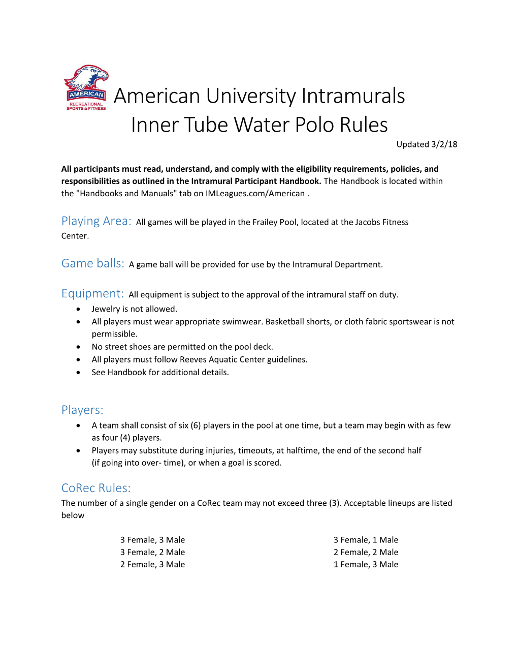 American University Intramurals Inner Tube Water Polo Rules Updated 3/2/18