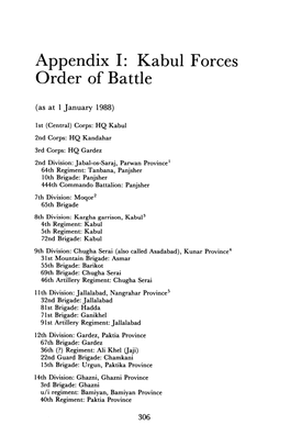 Appendix 1: Kabul Forces Order of Battle