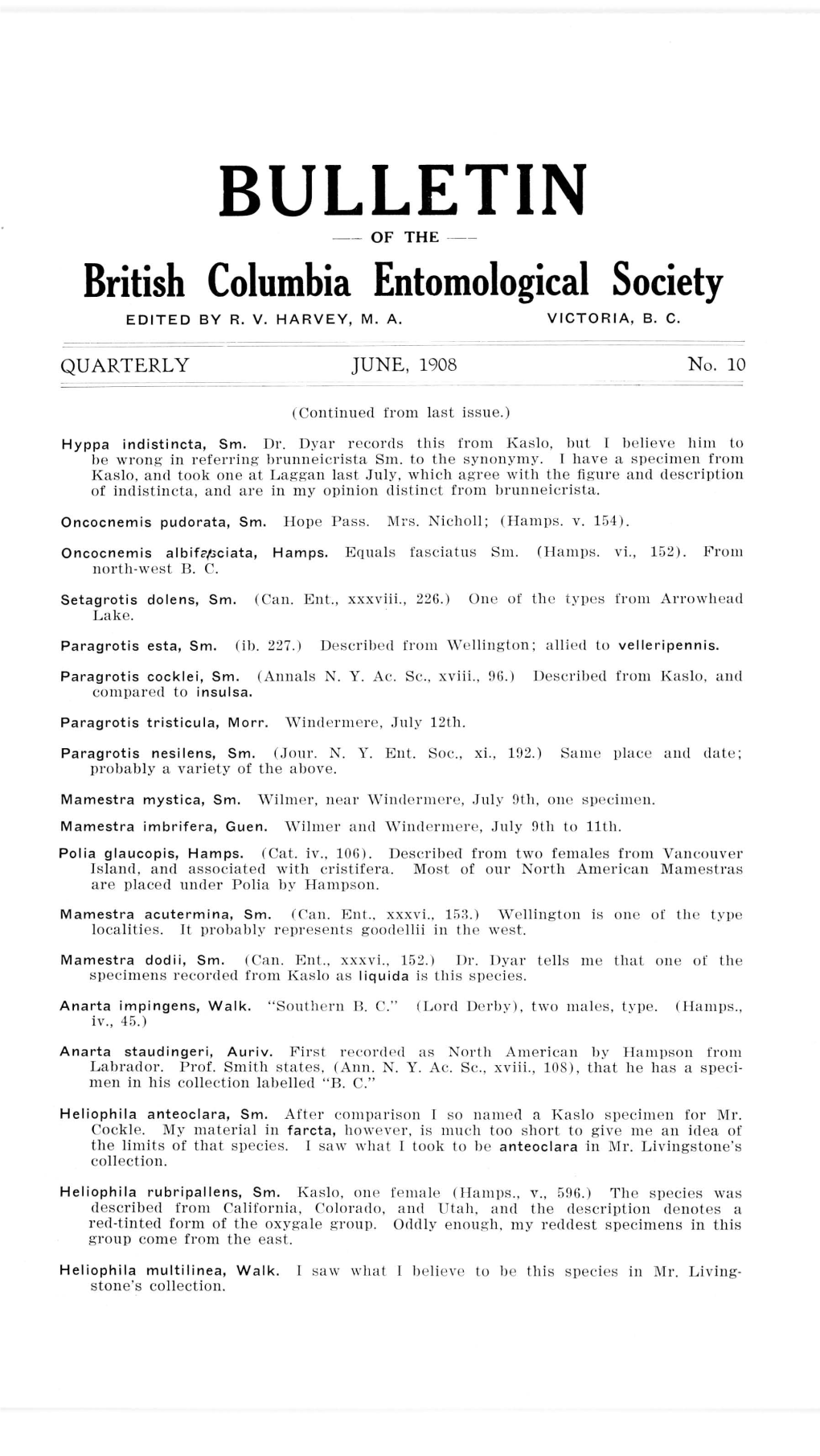 BULLETIN of the -- British Columbia Entomological Society EDITED by R