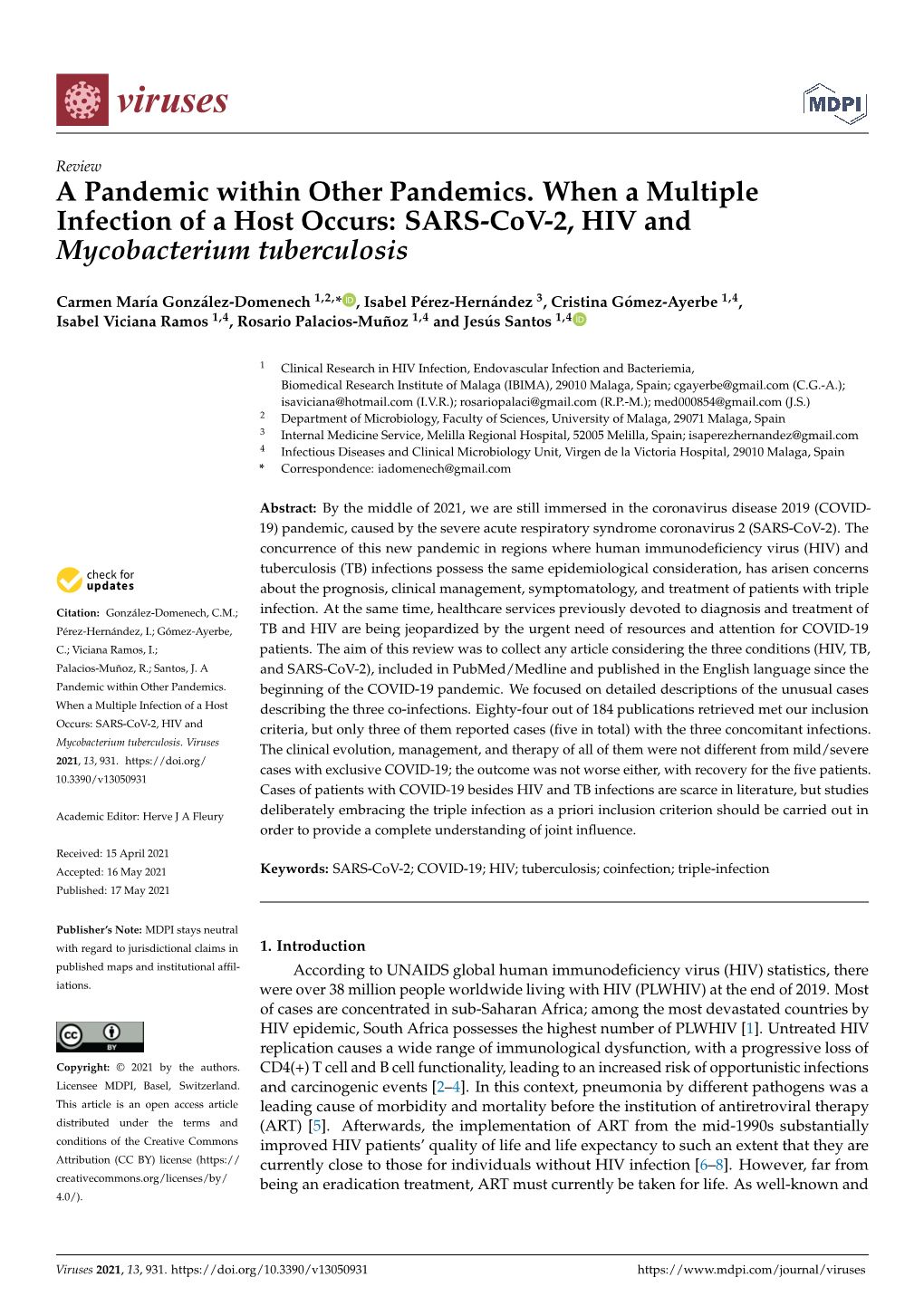 SARS-Cov-2, HIV and Mycobacterium Tuberculosis