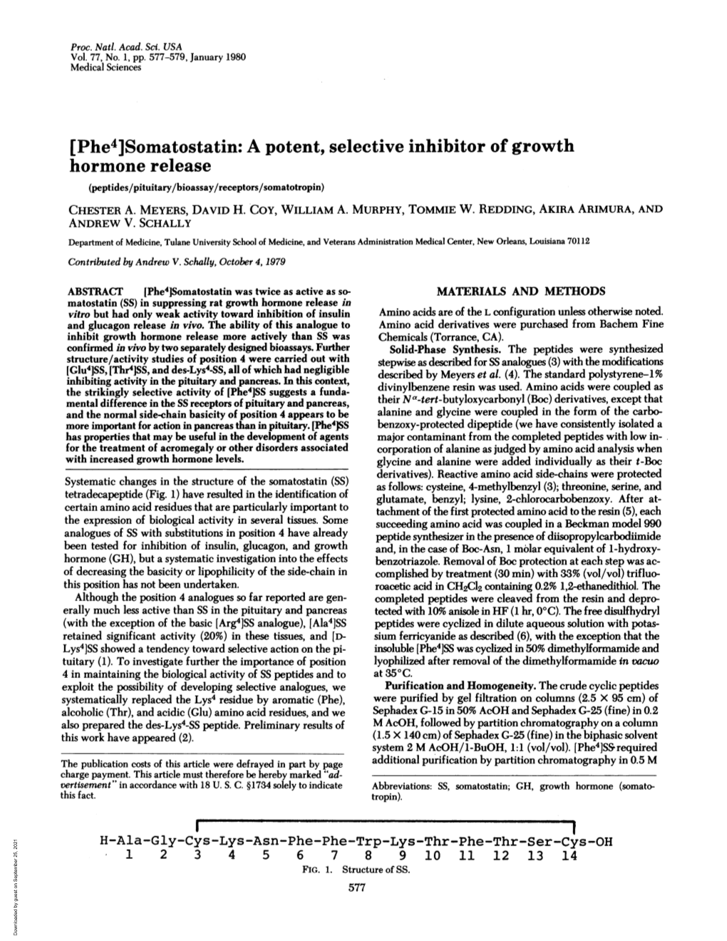 Somatostatin: a Potent, Selective Inhibitor of Growth Hormone Release (Peptides/Pituitary/Bioassay/Receptors/Somatotropin) CHESTER A