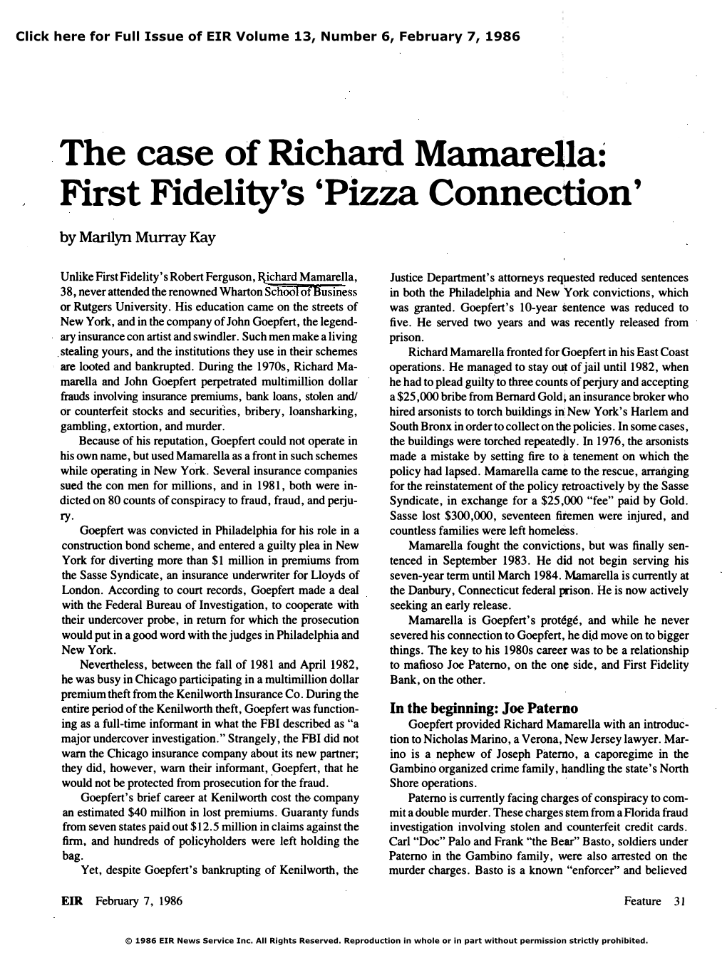 The Case of Richard Mamarella: First Fidelity's 'Pizza Connection'