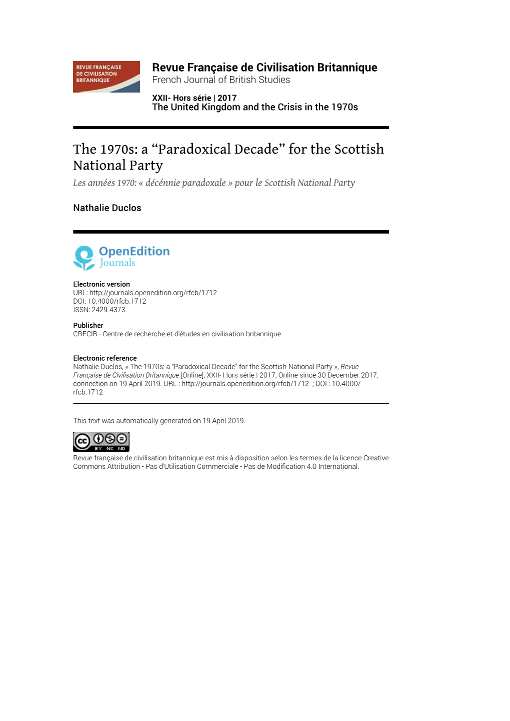 Revue Française De Civilisation Britannique, XXII- Hors Série | 2017 the 1970S: a “Paradoxical Decade” for the Scottish National Party 2