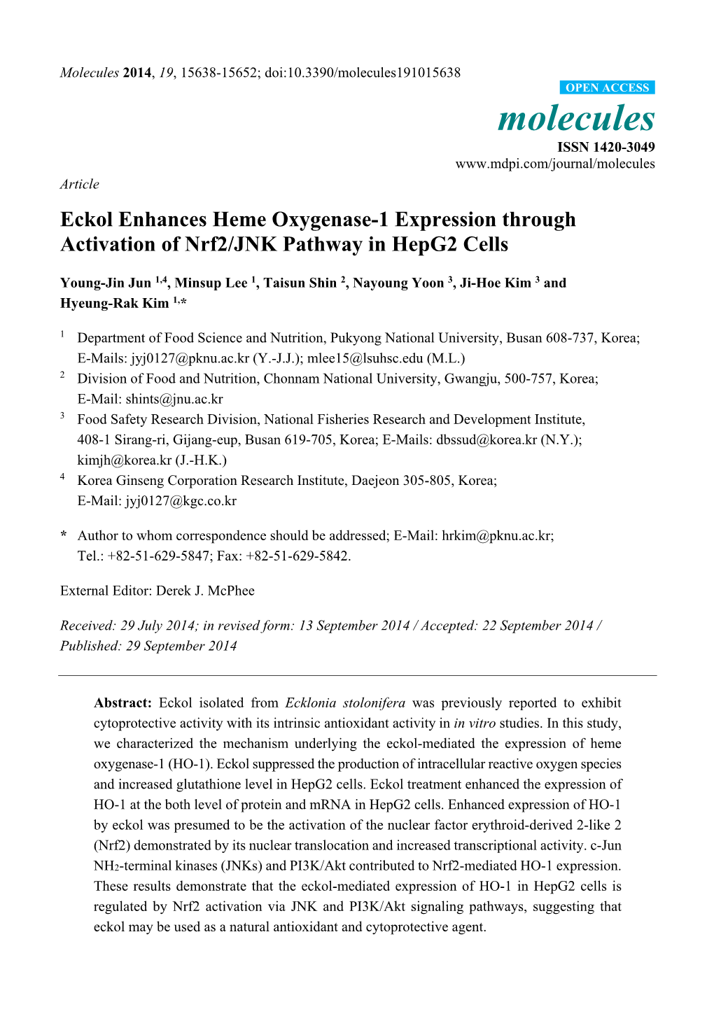 Eckol Enhances Heme Oxygenase-1 Expression Through Activation of Nrf2/JNK Pathway in Hepg2 Cells