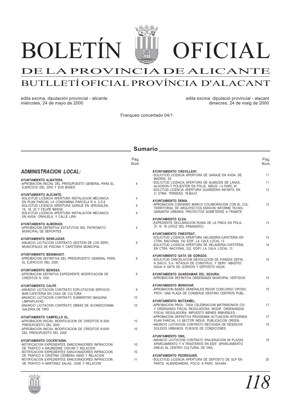 BOLETÍN OFICIAL DE LA PROVINCIA DE ALICANTE BUTLLETÍ OFICIAL PROVÍNCIA D'alacant Edita Excma