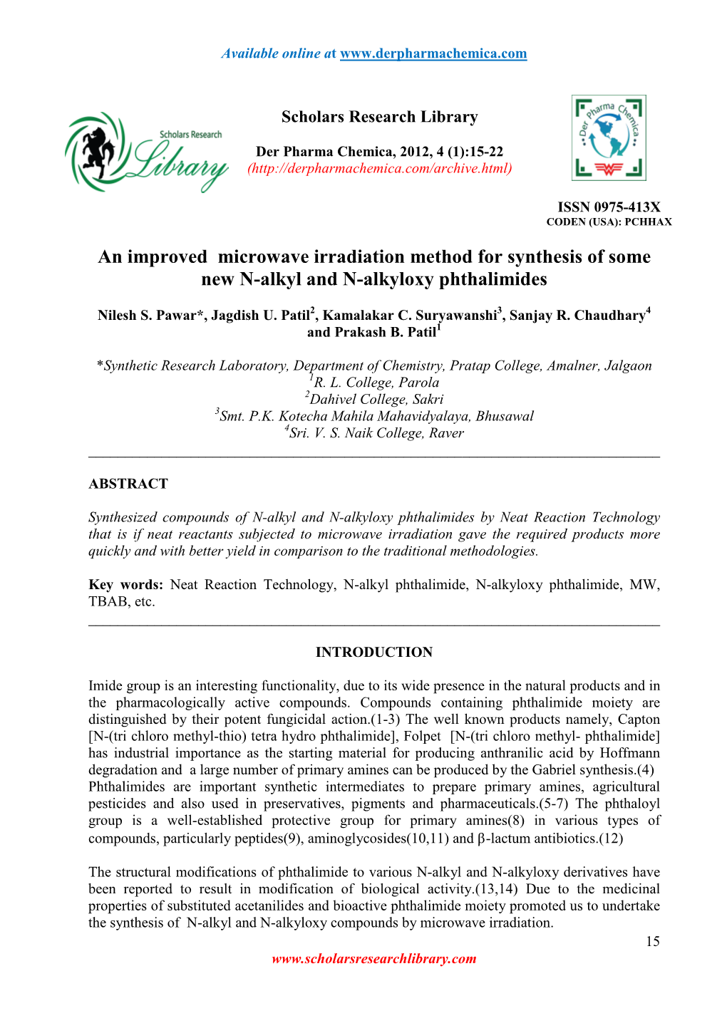 An Improved Microwave Irradiation Method for Synthesis of Some New N-Alkyl and N-Alkyloxy Phthalimides