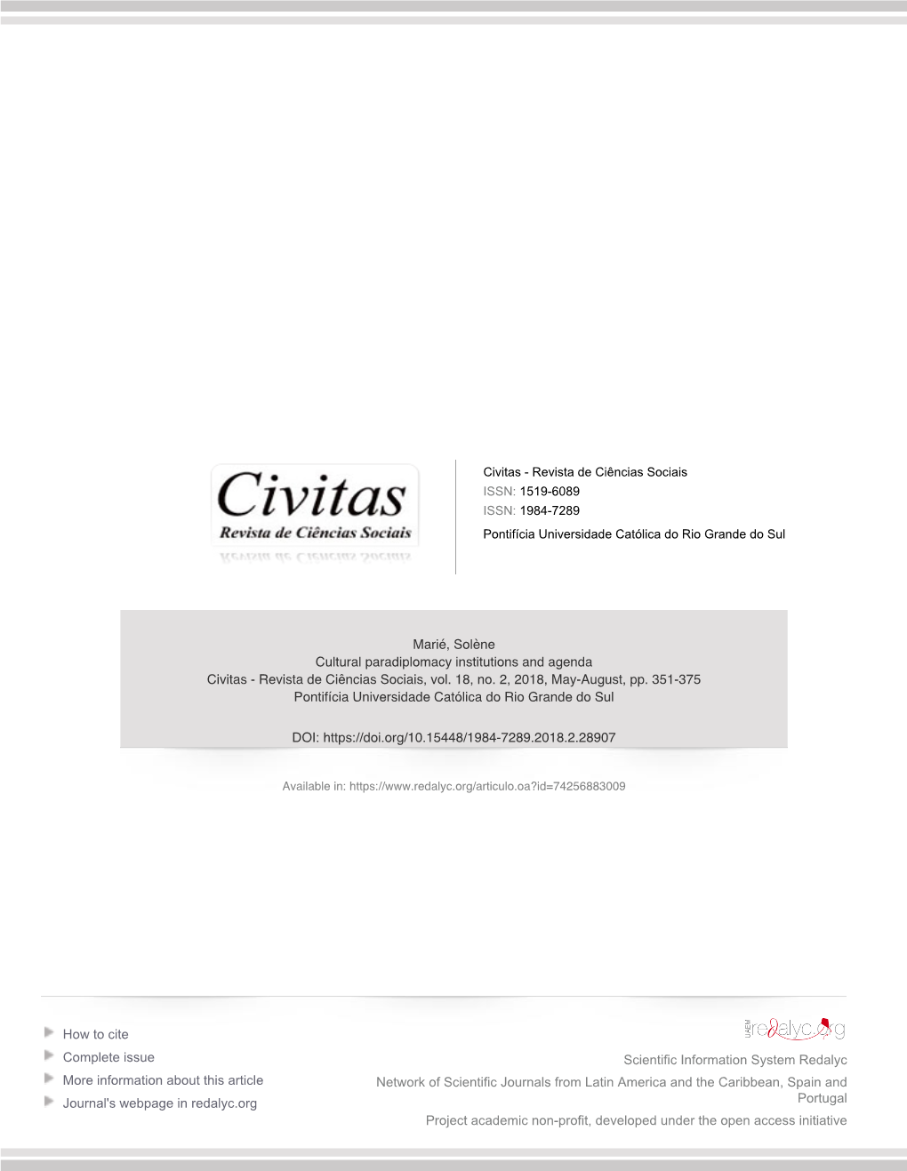 Cultural Paradiplomacy Institutions and Agenda Civitas - Revista De Ciências Sociais, Vol