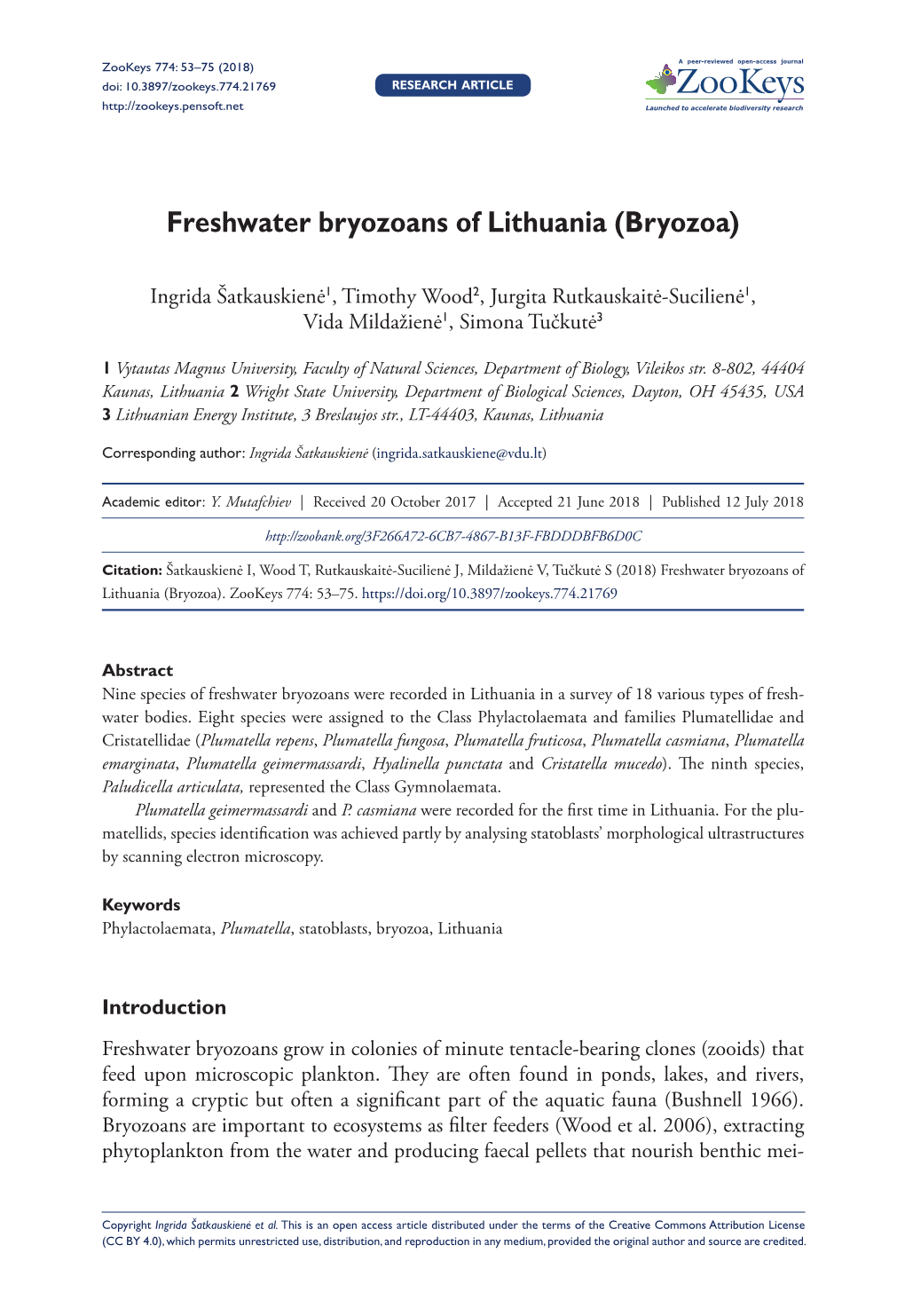 Freshwater Bryozoans of Lithuania (Bryozoa) 53 Doi: 10.3897/Zookeys.774.21769 RESEARCH ARTICLE Launched to Accelerate Biodiversity Research