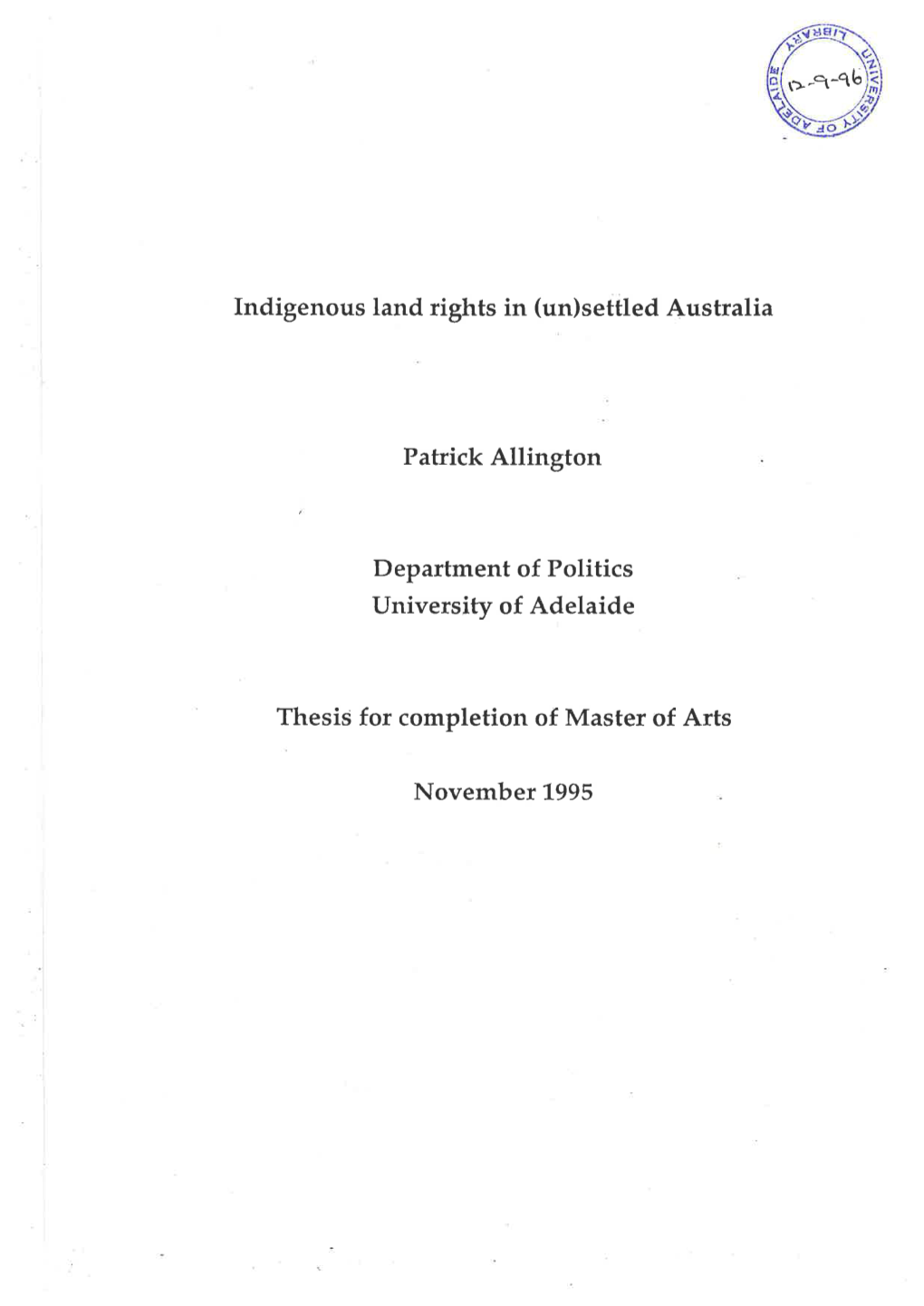 Indigenous Land Rights in (Un)Settled Australia