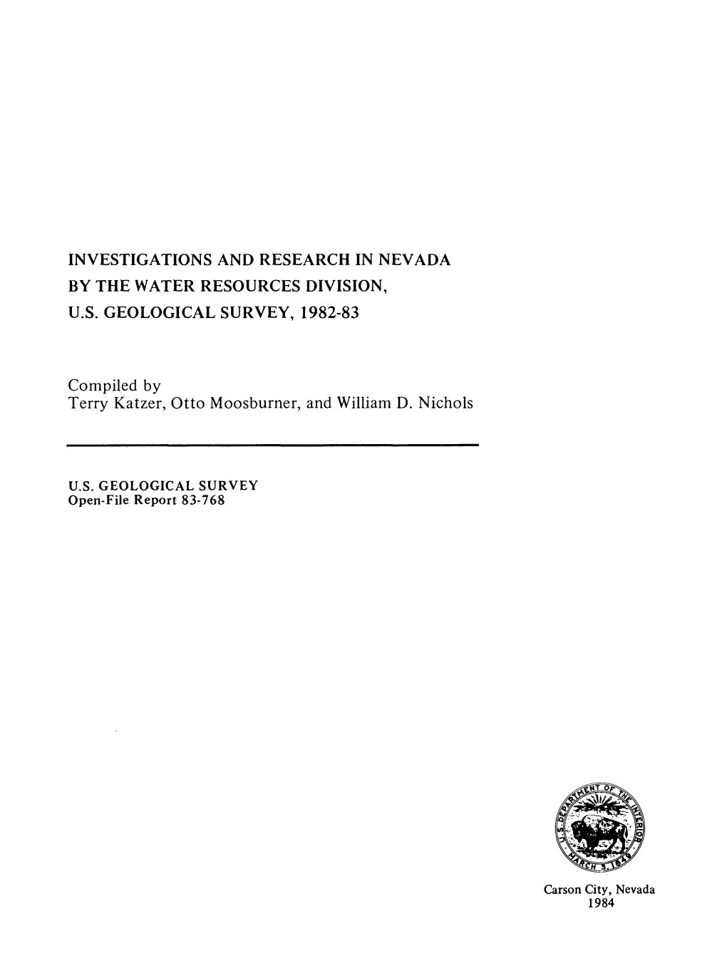 Investigations and Research in Nevada by the Water Resources Division, U.S