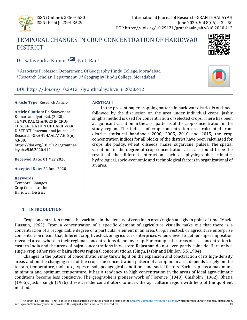 Temporal Changes in Crop Concentration of Haridwar District