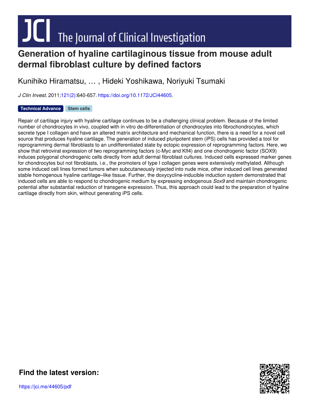 Generation of Hyaline Cartilaginous Tissue from Mouse Adult Dermal Fibroblast Culture by Defined Factors