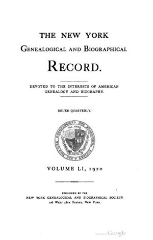 The New York Genealogical and Biographical Record Volume Li, 1920
