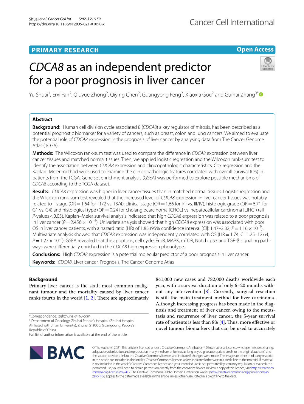 CDCA8 As an Independent Predictor for a Poor Prognosis in Liver Cancer