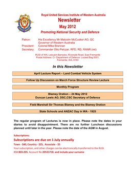 Newsletter May 2012 Promoting National Security and Defence