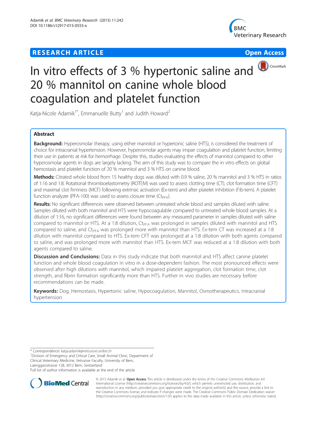 In Vitro Effects of 3 % Hypertonic Saline and 20 % Mannitol on Canine Whole Blood Coagulation and Platelet Function