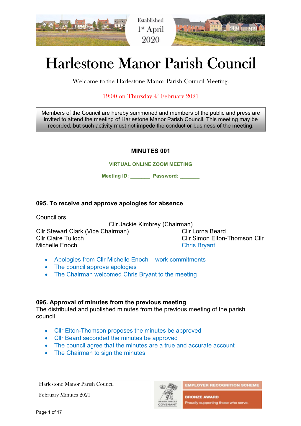 Minutes of Meeting of Harlestone Parish Council
