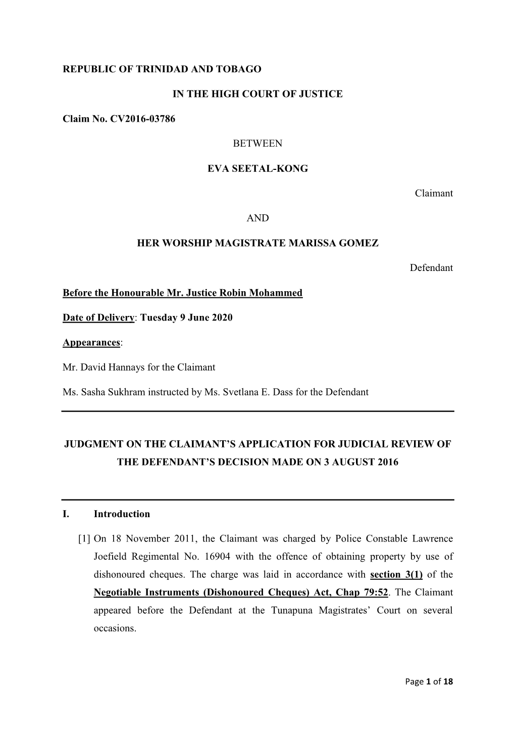 Republic of Trinidad and Tobago in the High Court Of