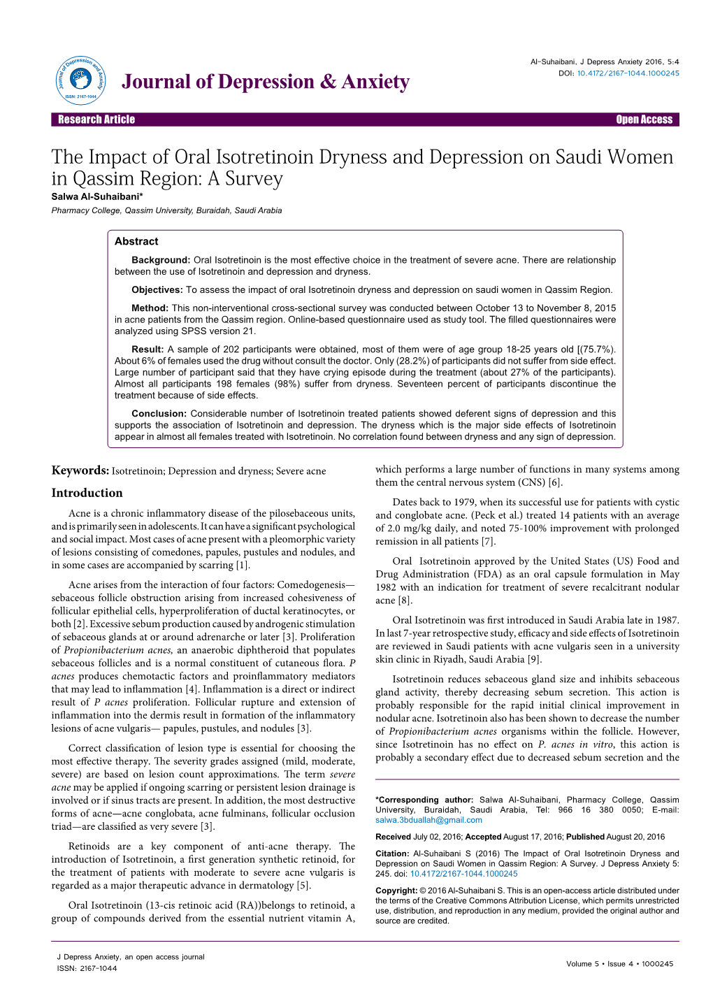The Impact of Oral Isotretinoin Dryness and Depression on Saudi