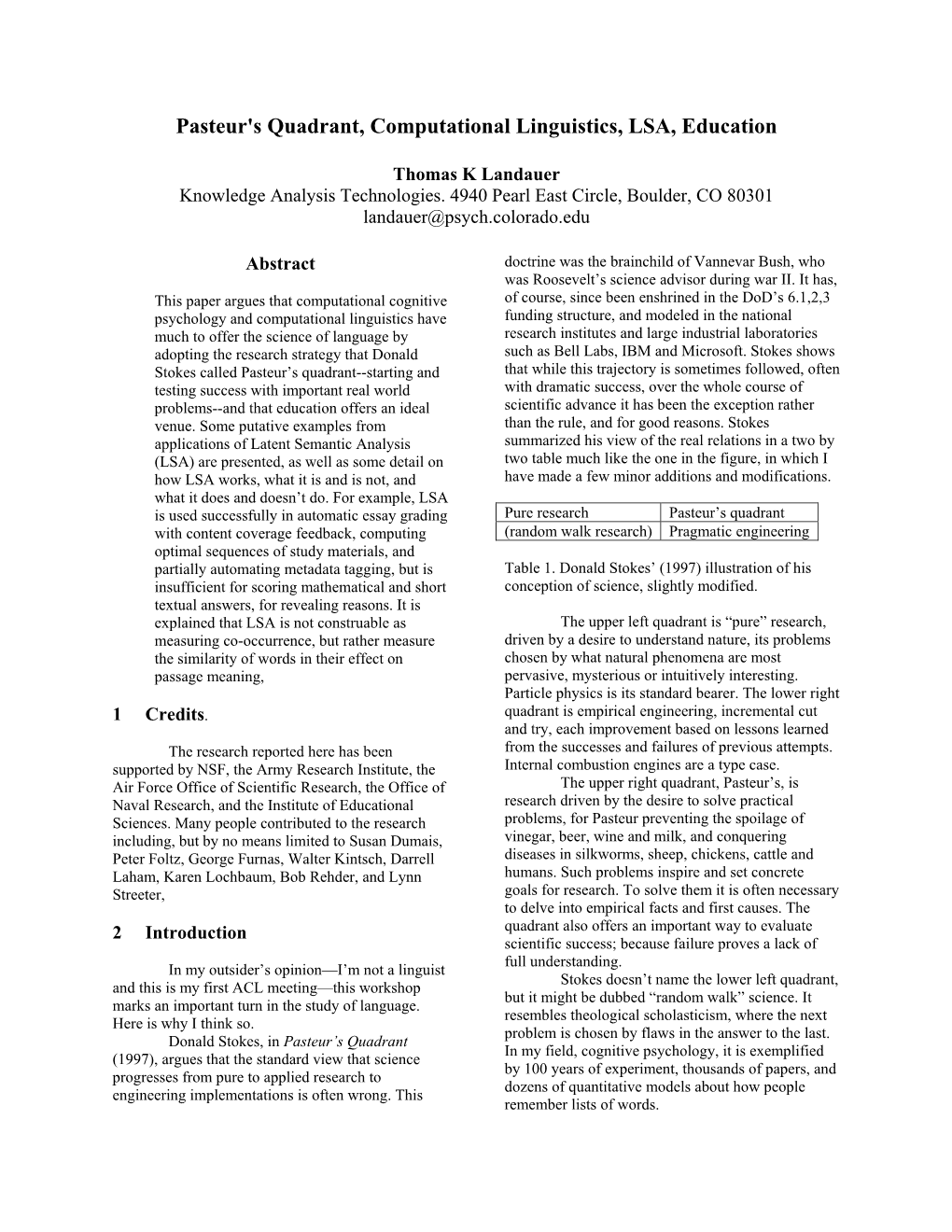 Pasteur's Quadrant, Computational Linguistics, LSA, Education