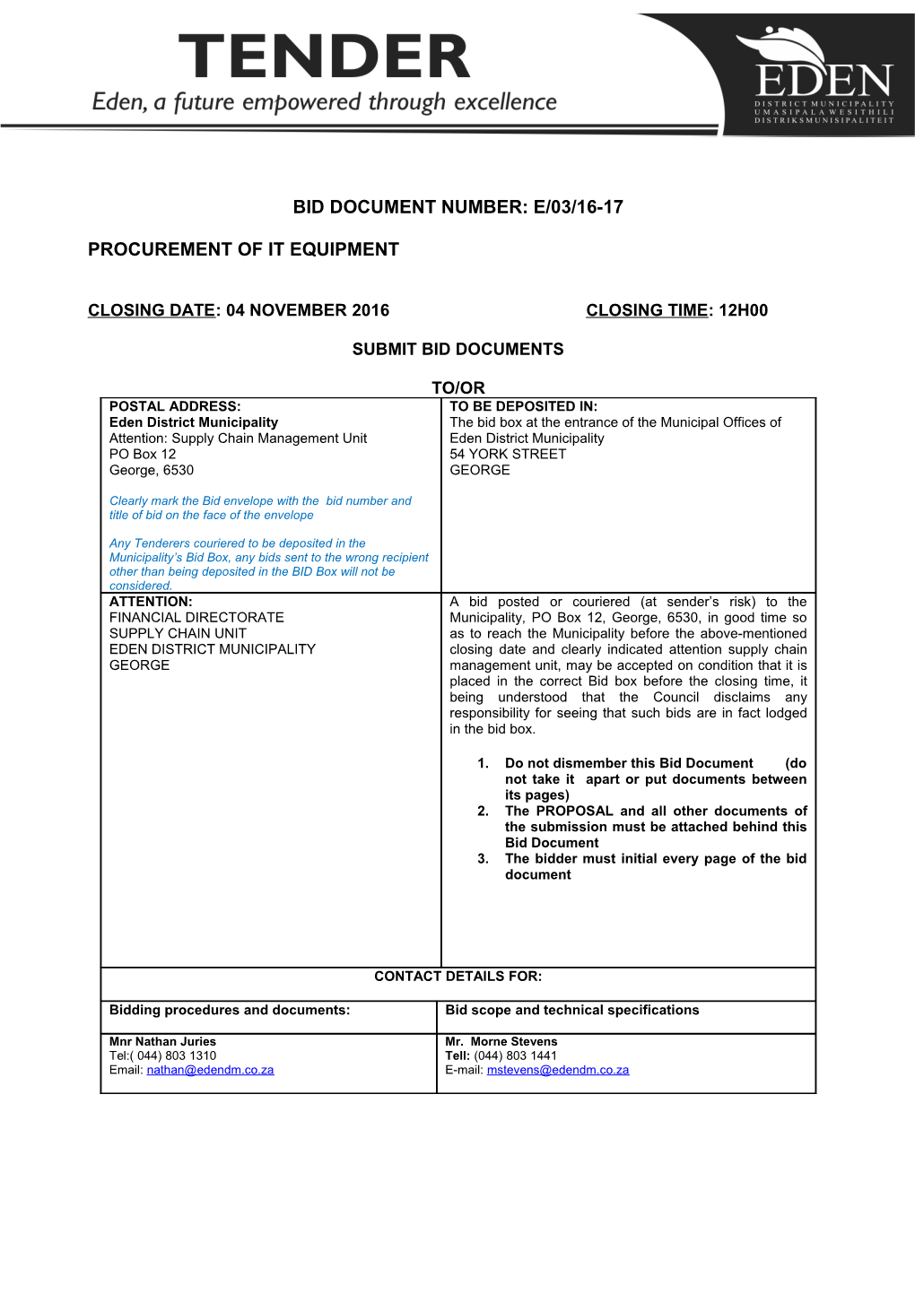 Bid Document Number: E/03/16-17