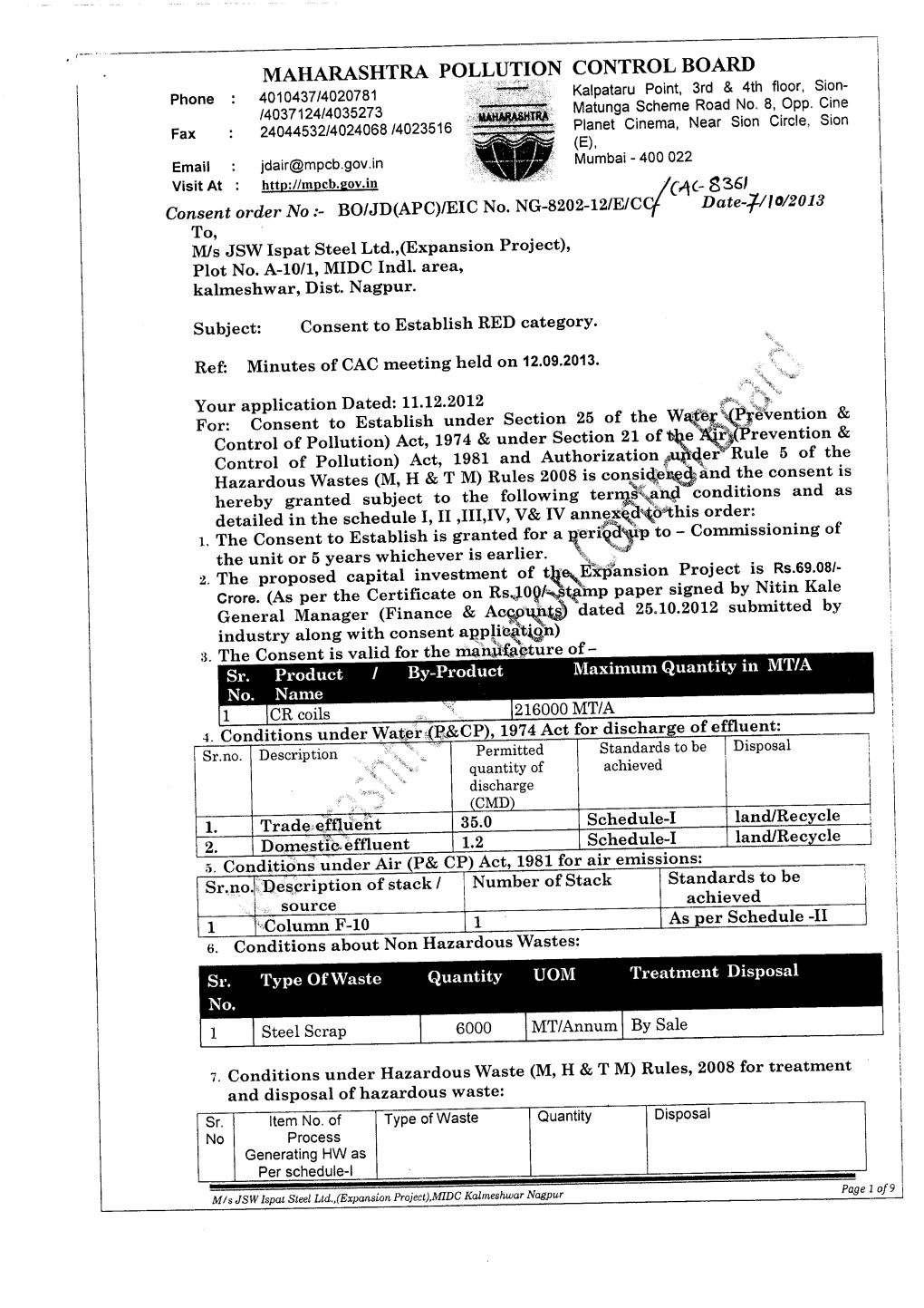 MAHARASHTRA POLLUTION CONTROL BOARD Phone : 4010437/4020781 Kalpataru Point, 3Rd & 4Th Floor, Sion- /4037124/4035273 Matunga Scheme Road No